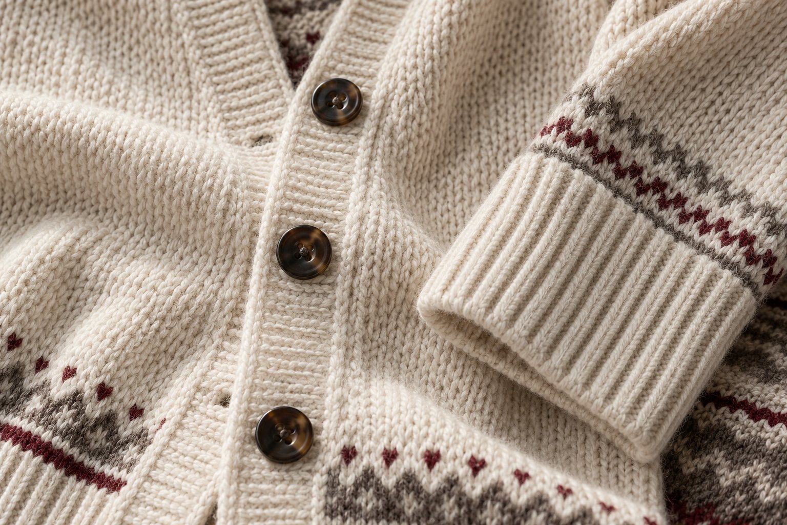AI illustration: Ivory cardigan buttons, placket and ribbed cuff details