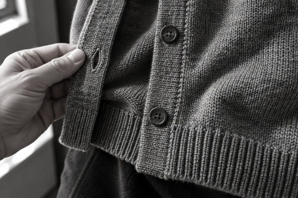 Black-and-white AI illustration of a cardigan placket, buttons and rib hem