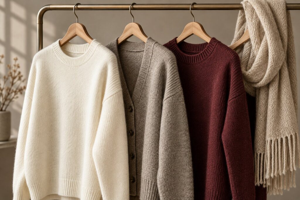 AI illustration: Coordinated cream, grey and burgundy knitwear on a studio clothing rail