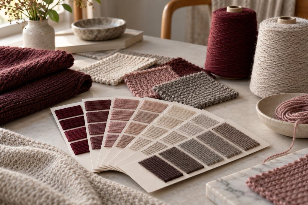 AI illustration: Muted yarn shade cards with matching physical knitted colour swatches