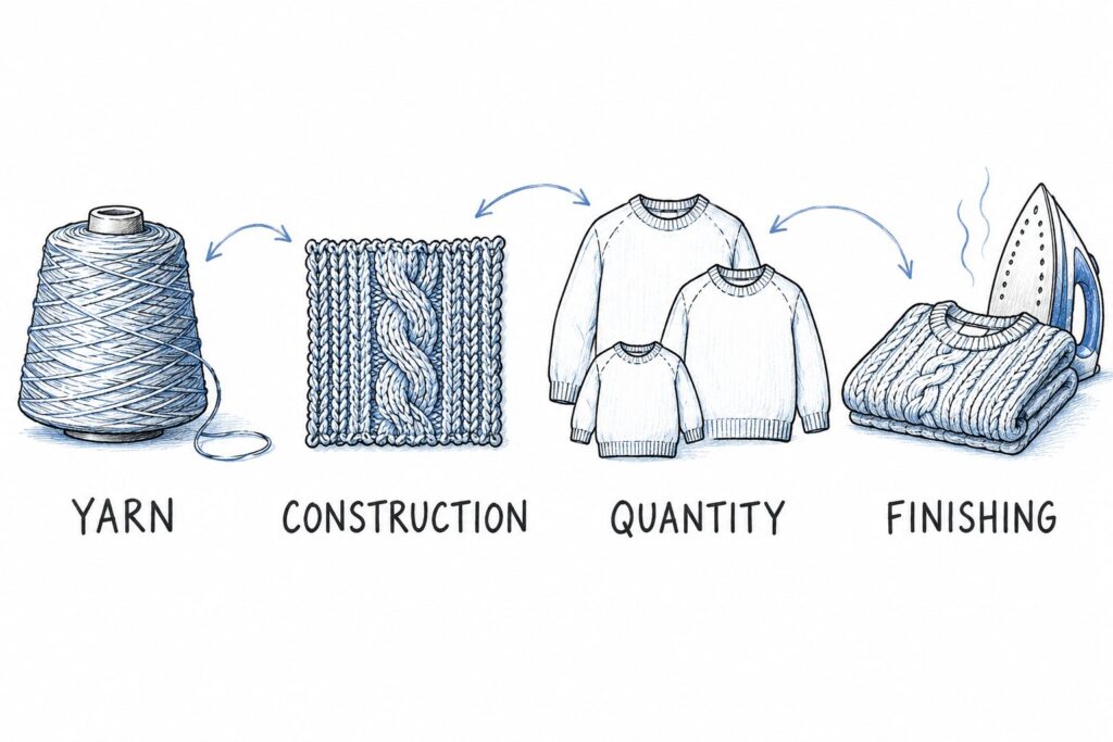 Illustrated quotation inputs: yarn, construction, quantity and finishing