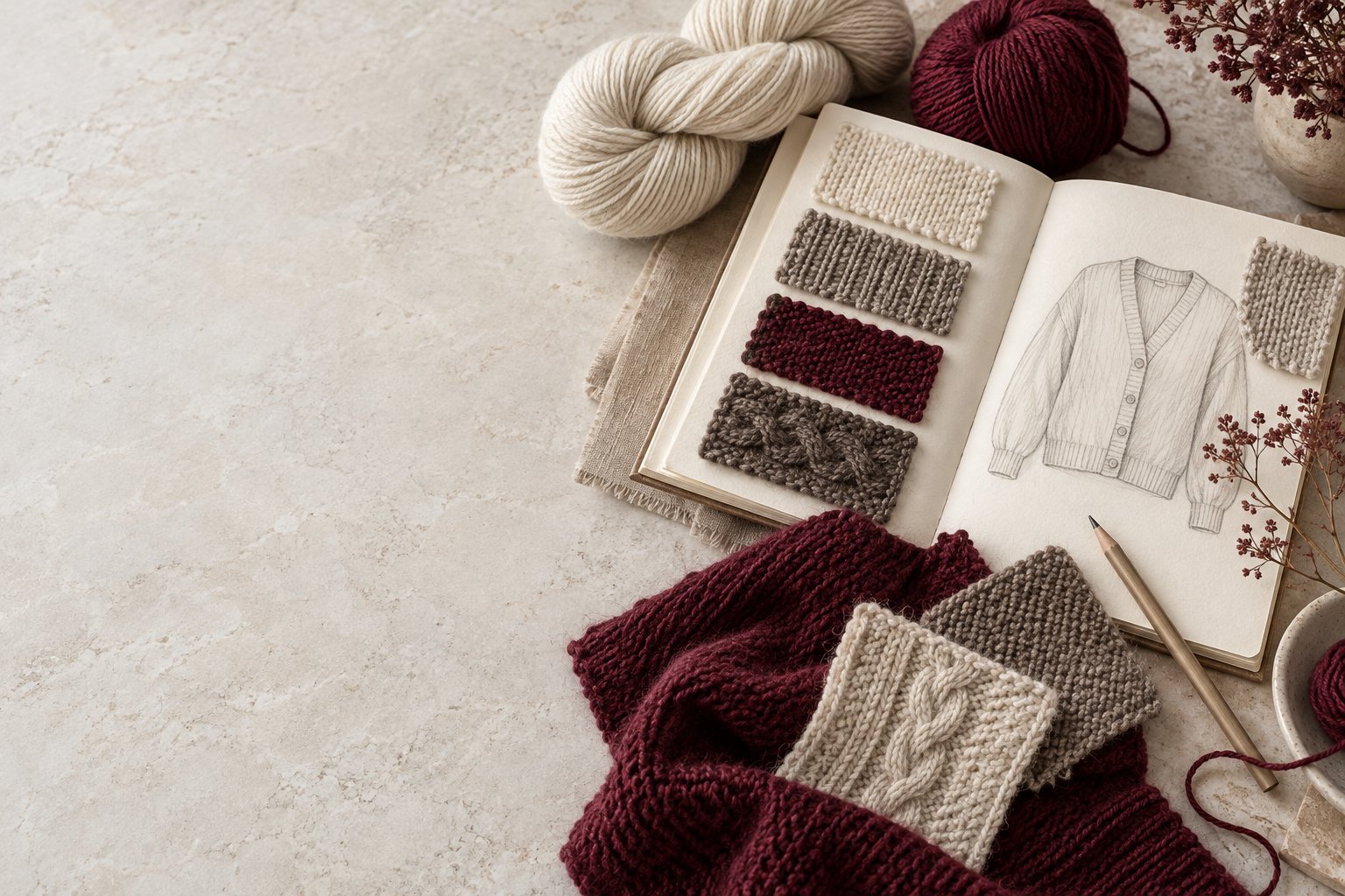 AI illustration of a knitwear swatch book and design notebook