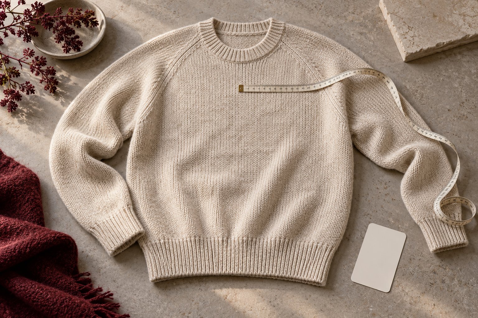 AI illustration: An ivory sweater laid flat with a measuring tape