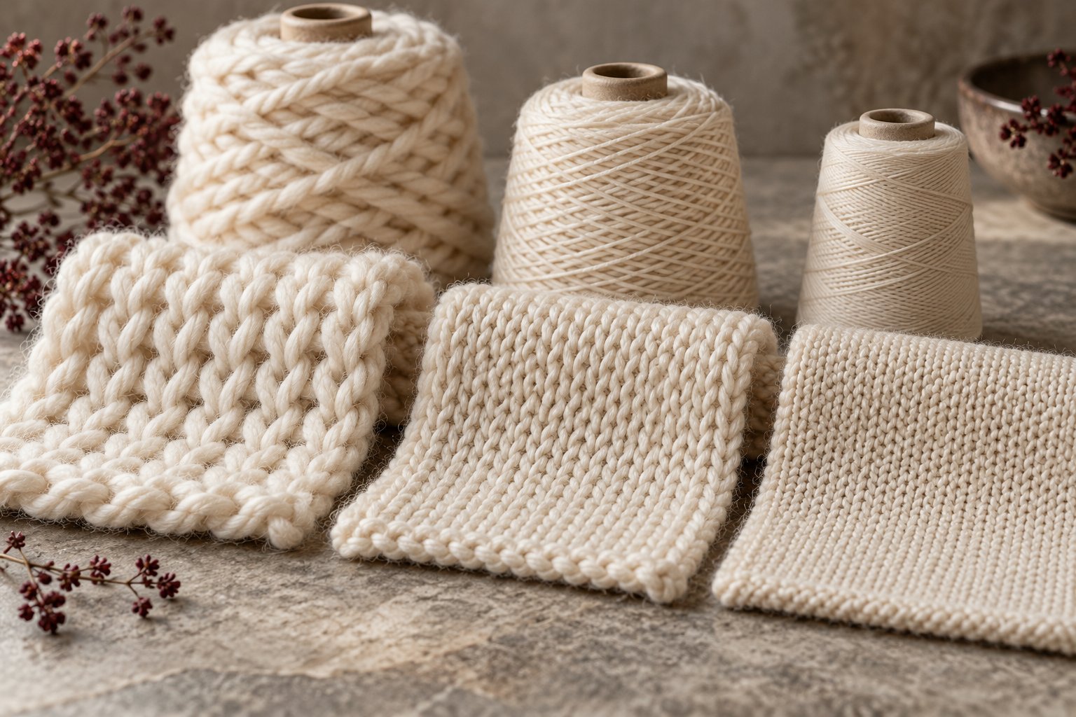 AI illustration: Fine and chunky cream knit samples with neutral yarn cones