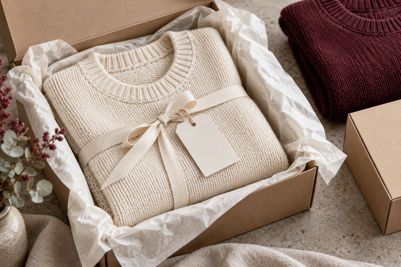 AI illustration: A folded ivory knit in a kraft presentation box with a blank swing tag
