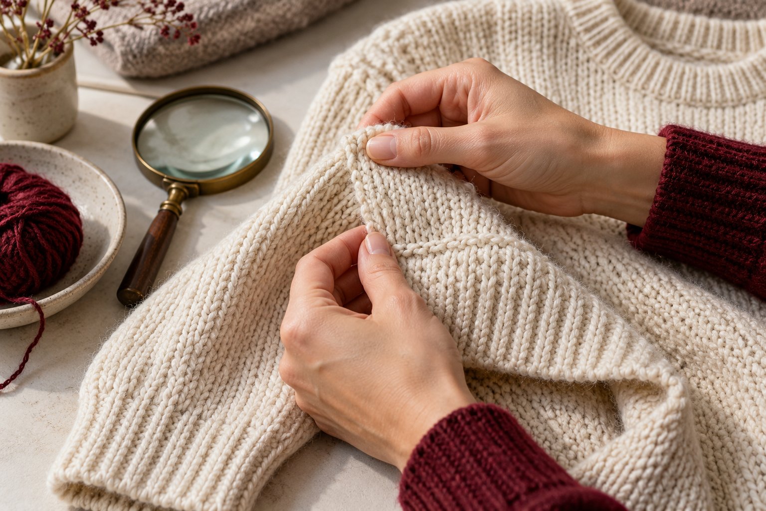 AI illustration: Hands examining the surface and construction of an ivory knit