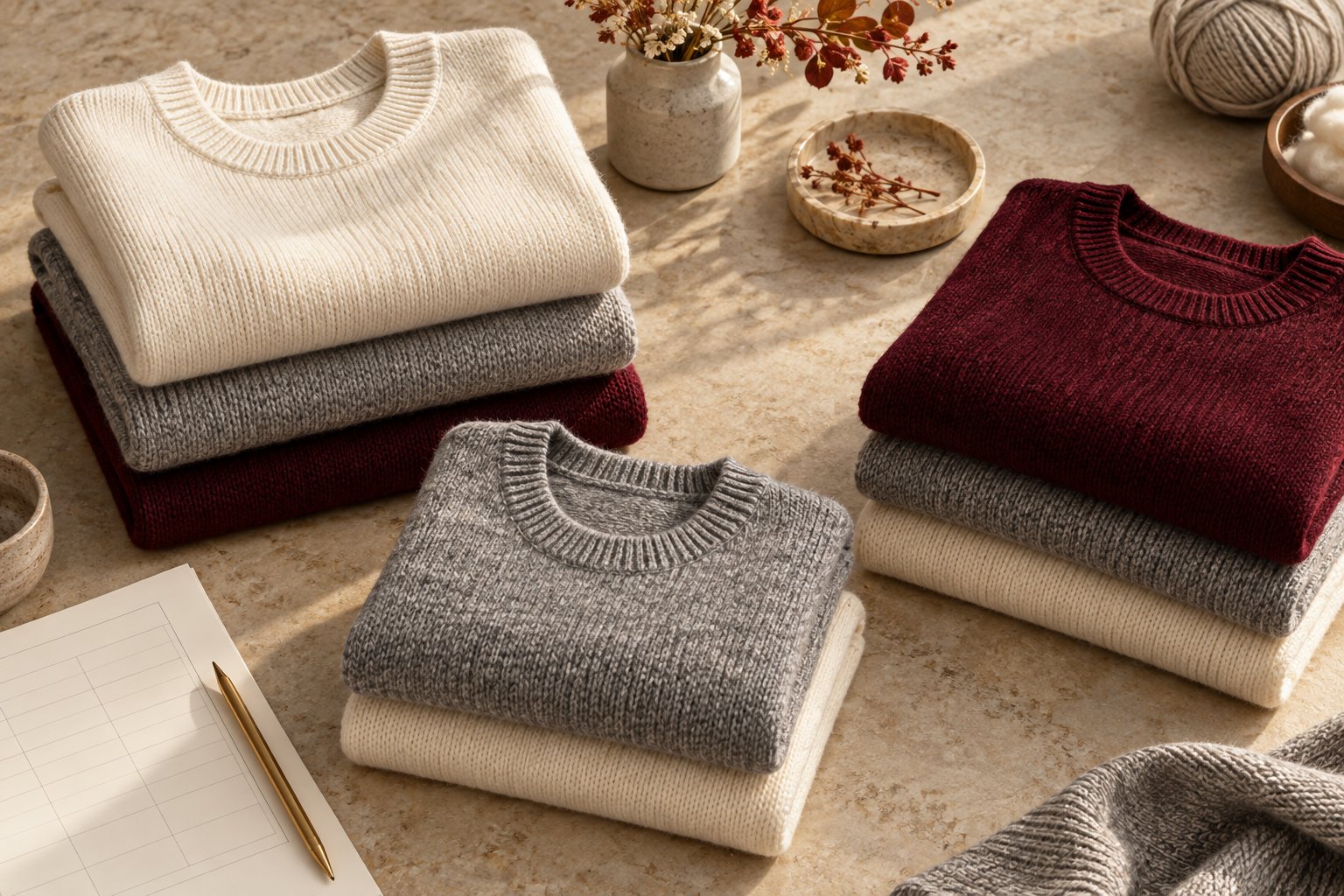 AI illustration: Folded knitwear grouped into separate colour stacks