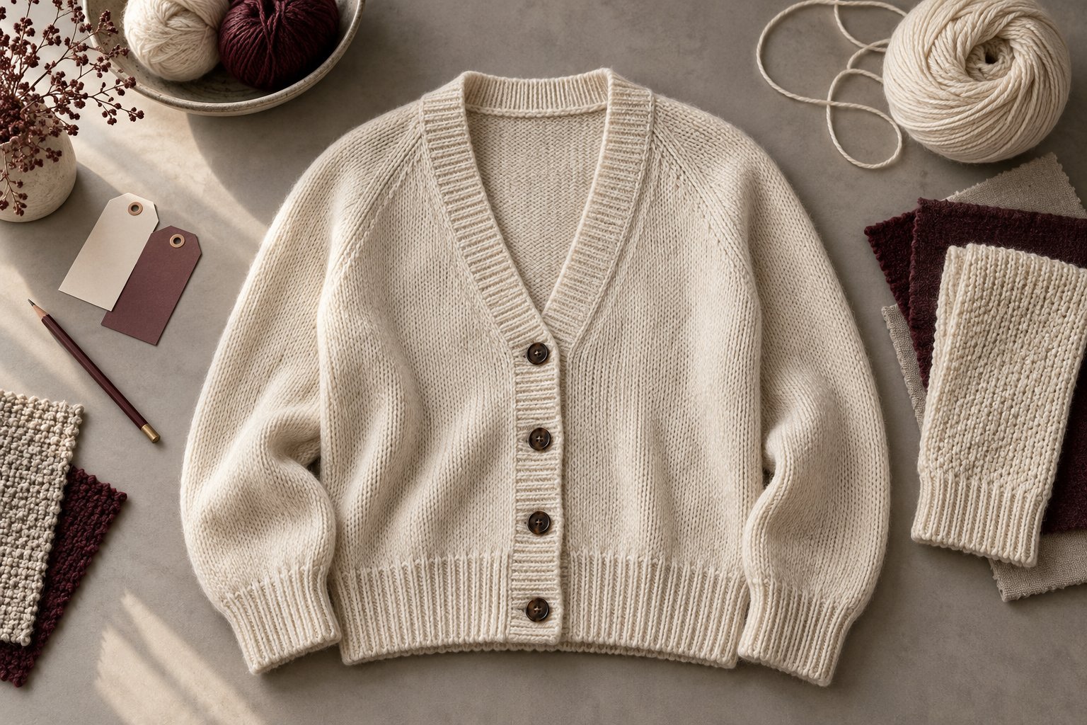 AI illustration: An ivory cardigan sample arranged for development review