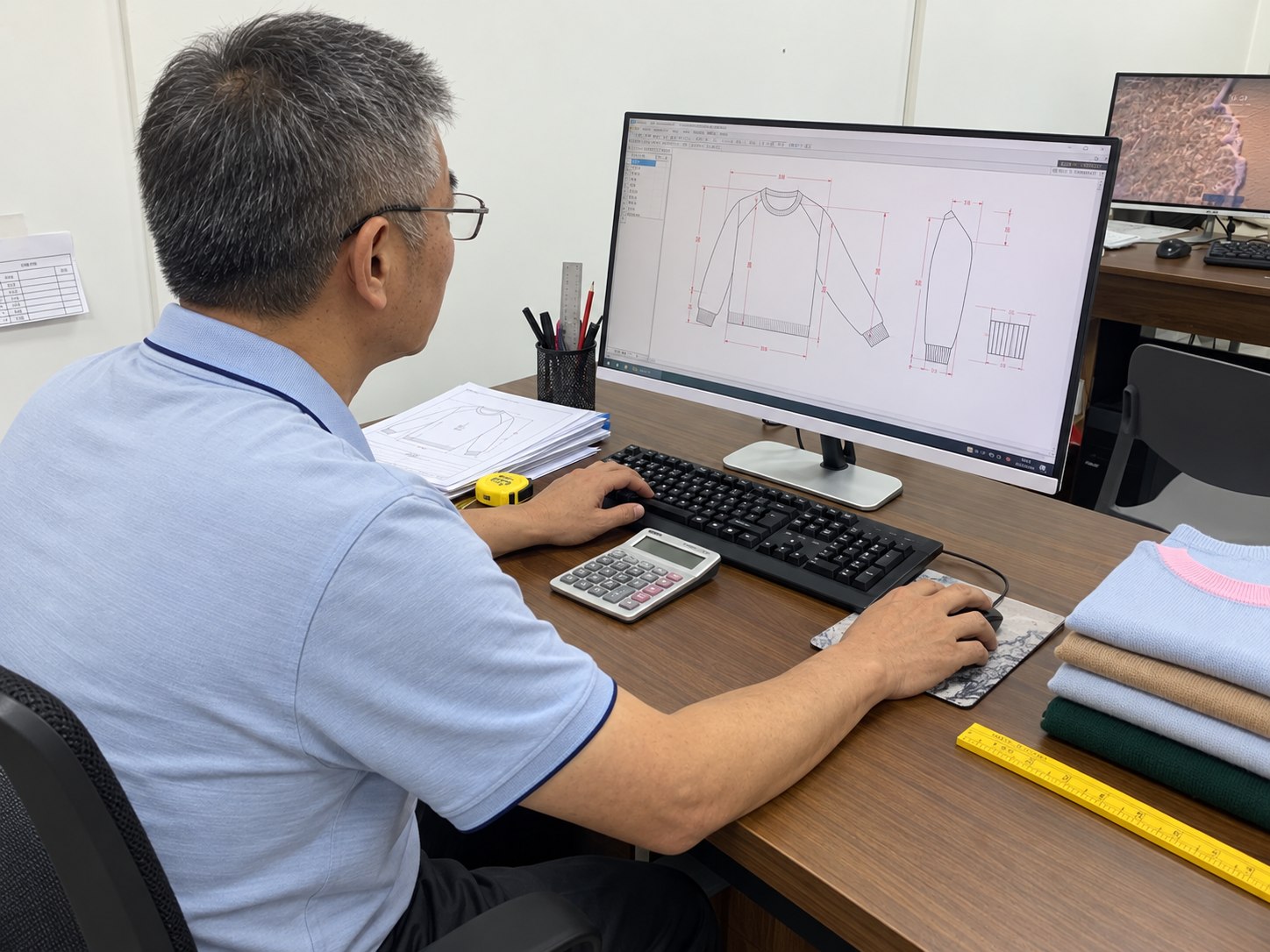 AI-assisted image: reviewing a garment drawing at a computer