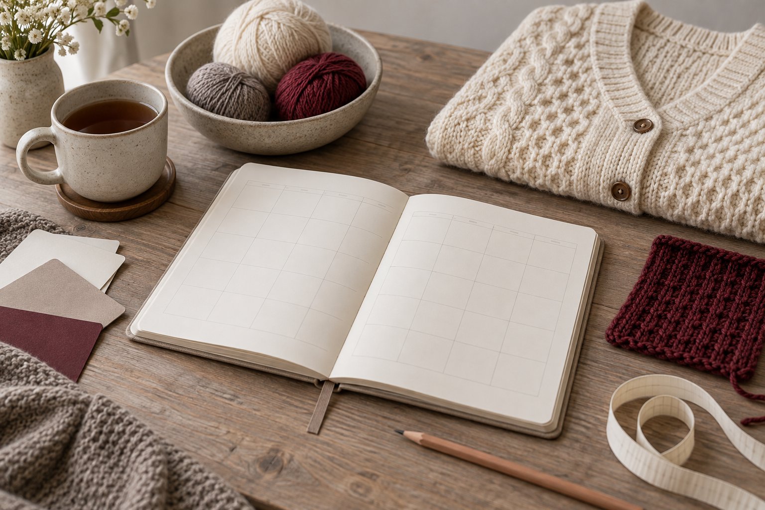 AI illustration: A planning notebook with yarn and knitted samples