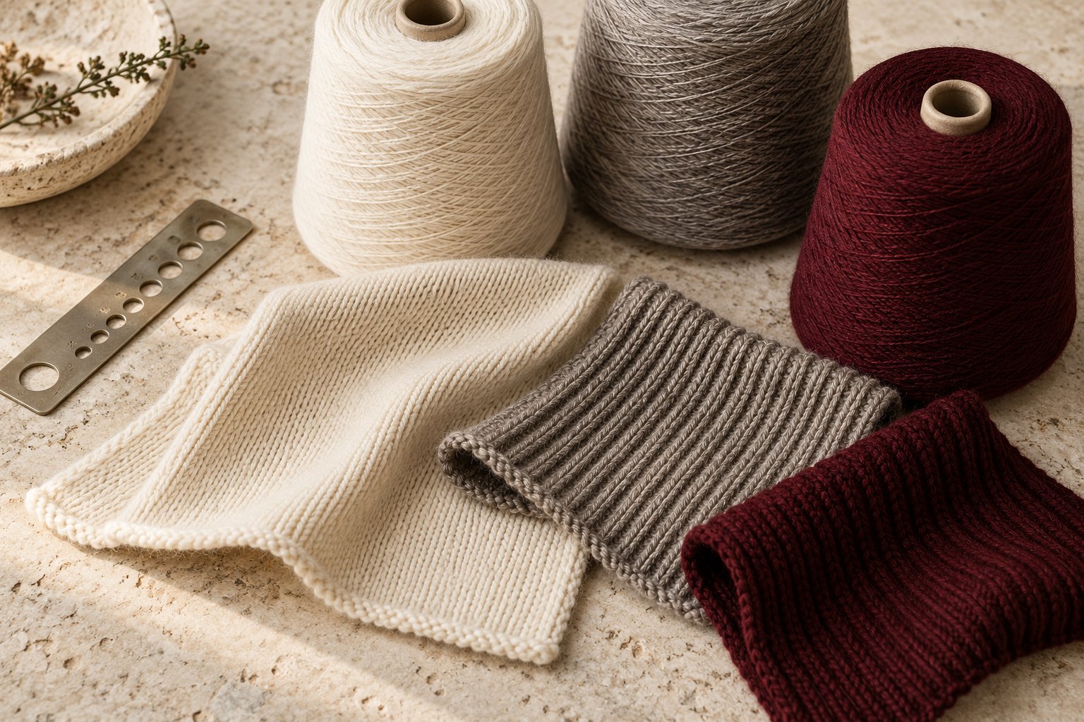AI illustration: Neutral and burgundy yarn cones with knit swatches on a materials table