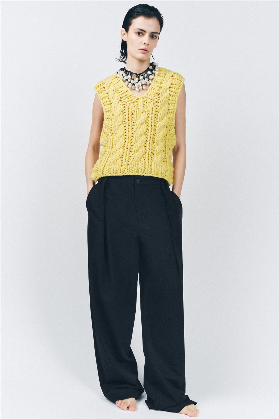 Yellow Cable Knit Vest — knitwear style reference