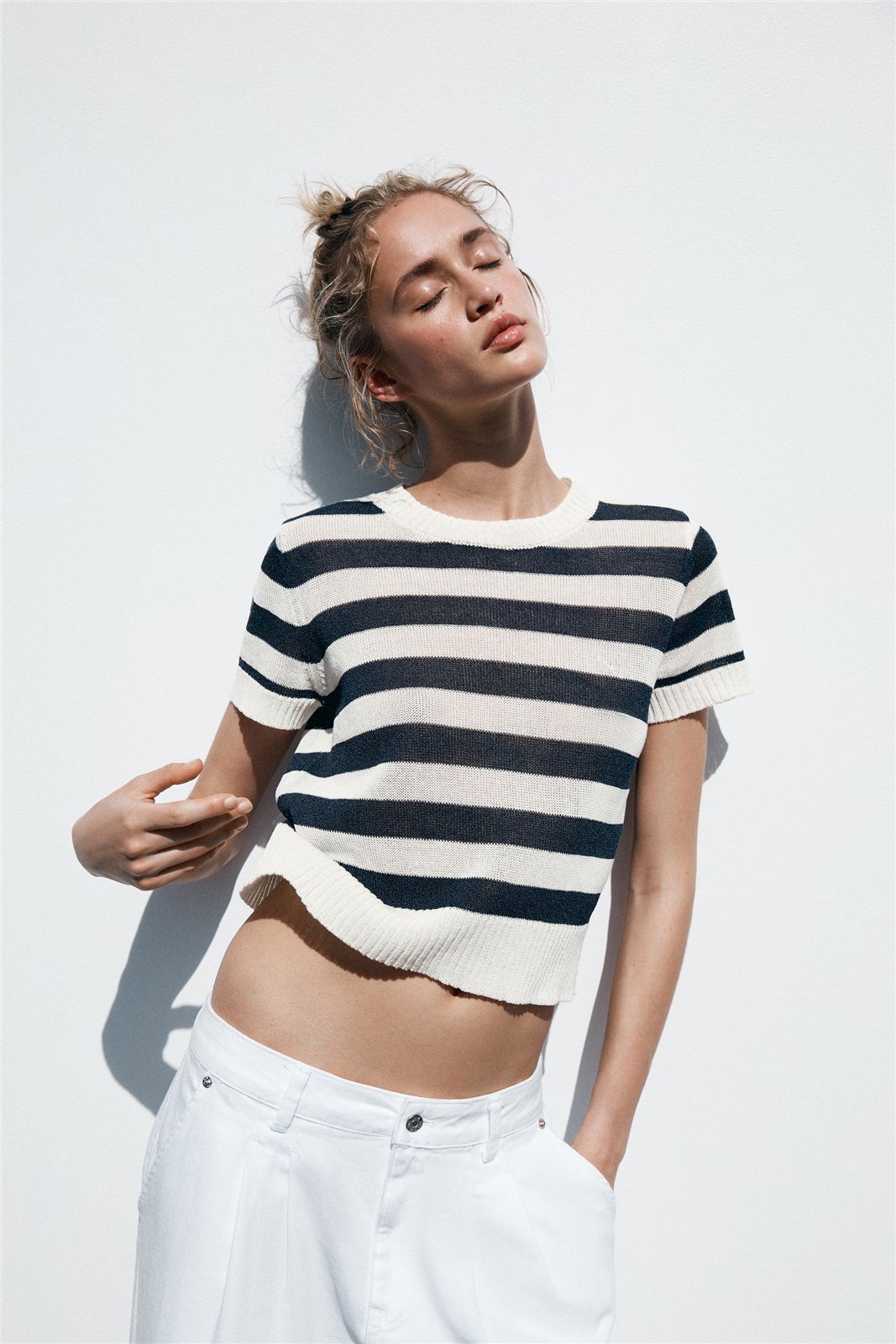 Striped Short-Sleeve Knit Top — knitwear style reference