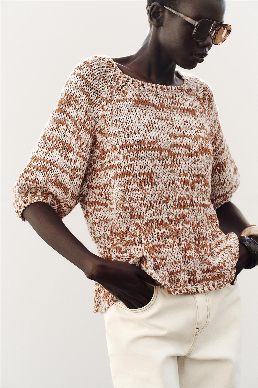 Mottled Short-Sleeve Knit Top — knitwear style reference