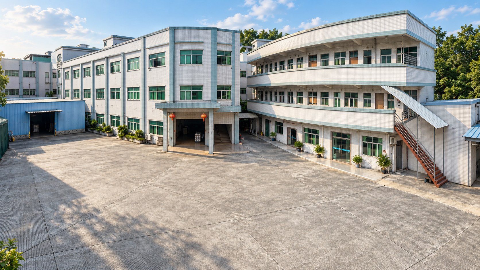 Wayhonk factory courtyard and white-tiled buildings.