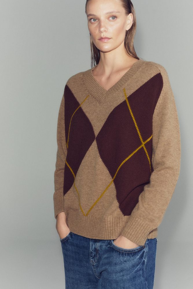 Brown and burgundy argyle sweater, full view.