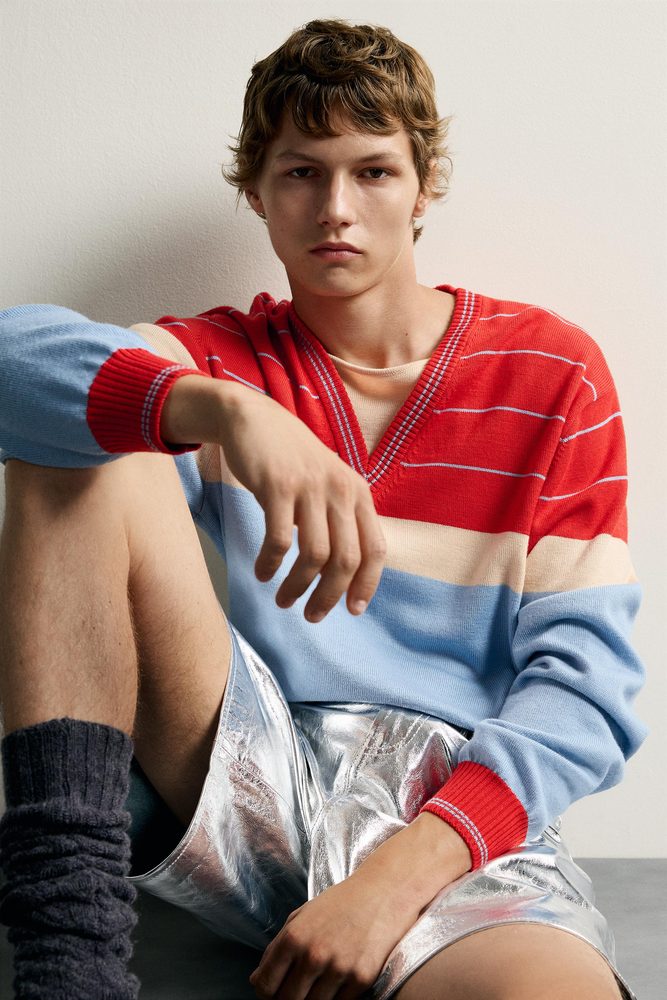 Red and blue striped knit polo.