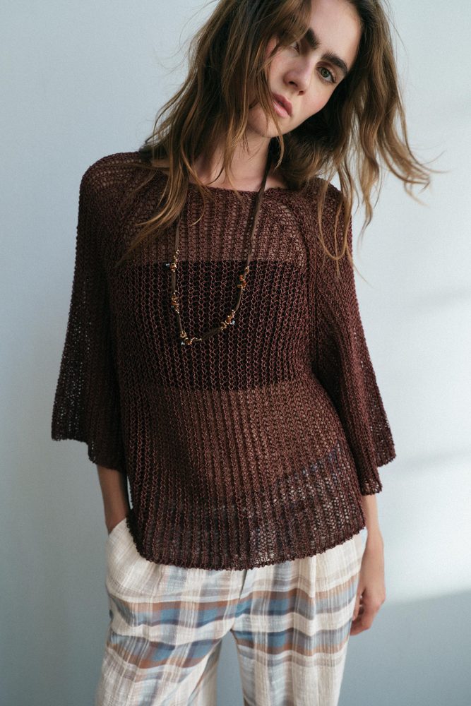 Brown relaxed knitted top, upper-body view.