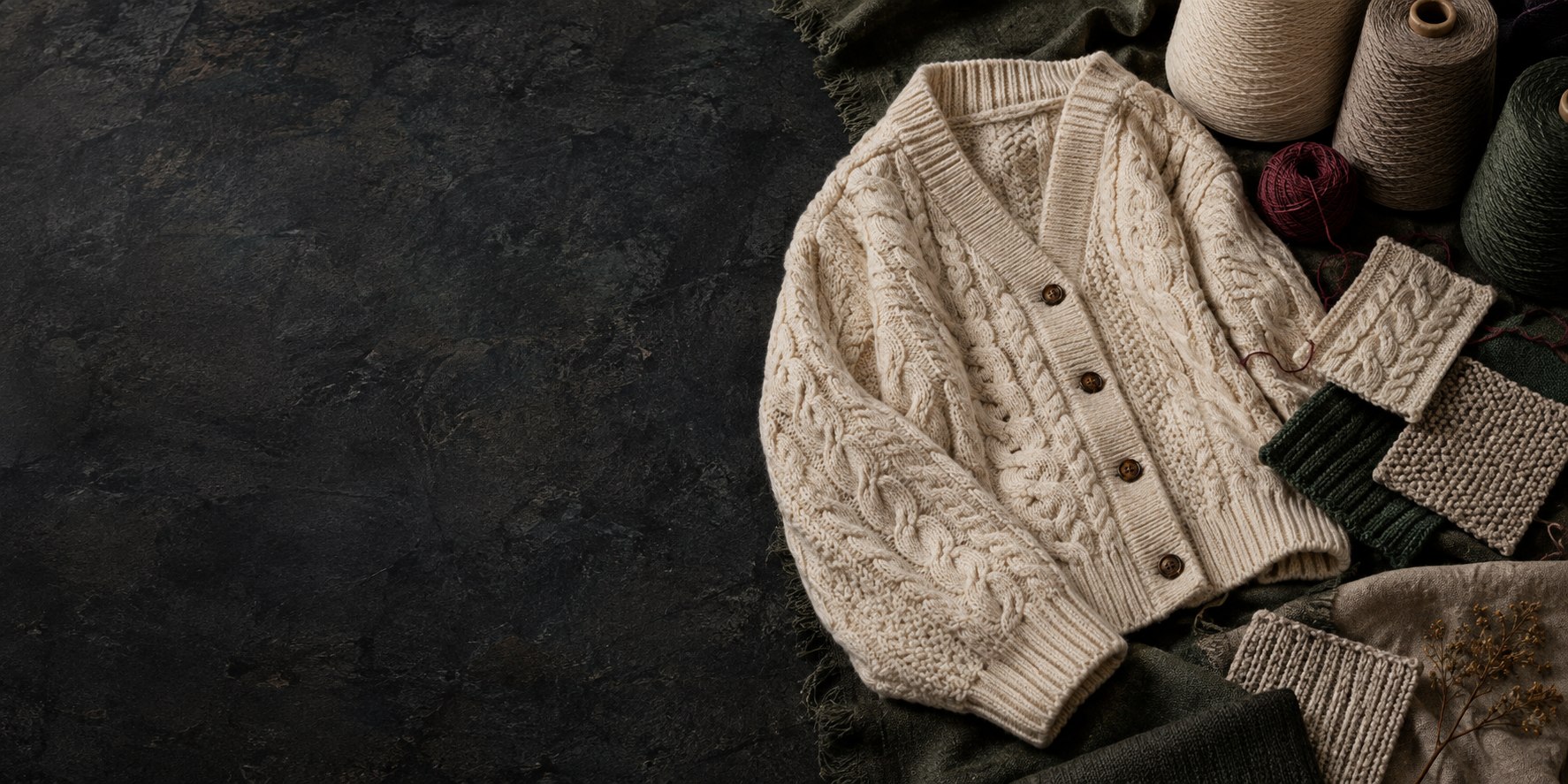 Cream cable-knit cardigan with yarn and knitted textures.