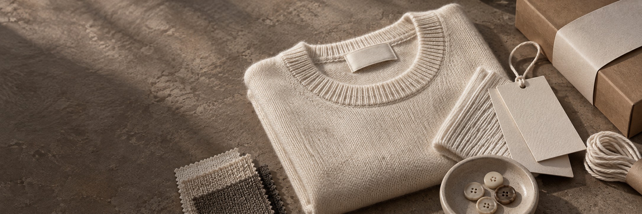Editorial concept of knitwear, blank labels, hangtags and packaging details.