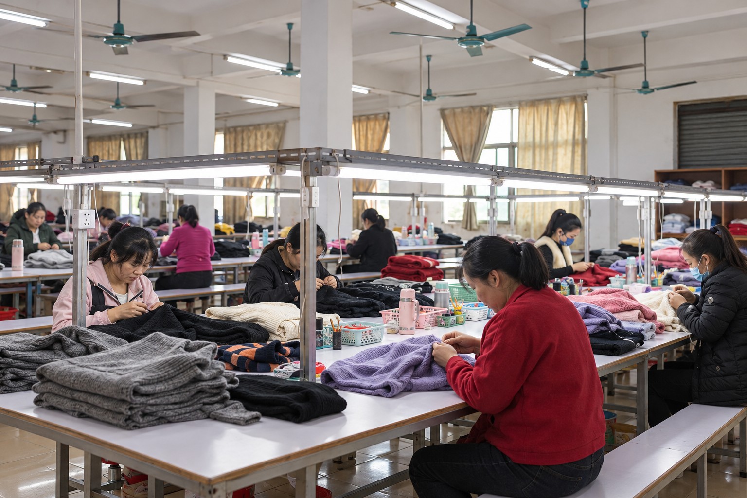 AI-reimagined hand-mending department, based on Wayhonk workshop photographs.