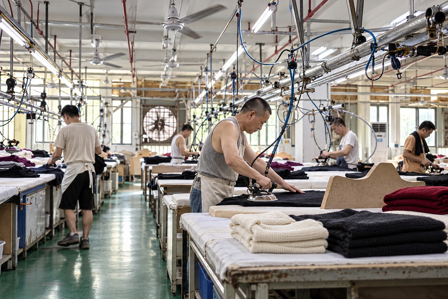 AI-reimagined steam-pressing department, based on Wayhonk workshop photographs.