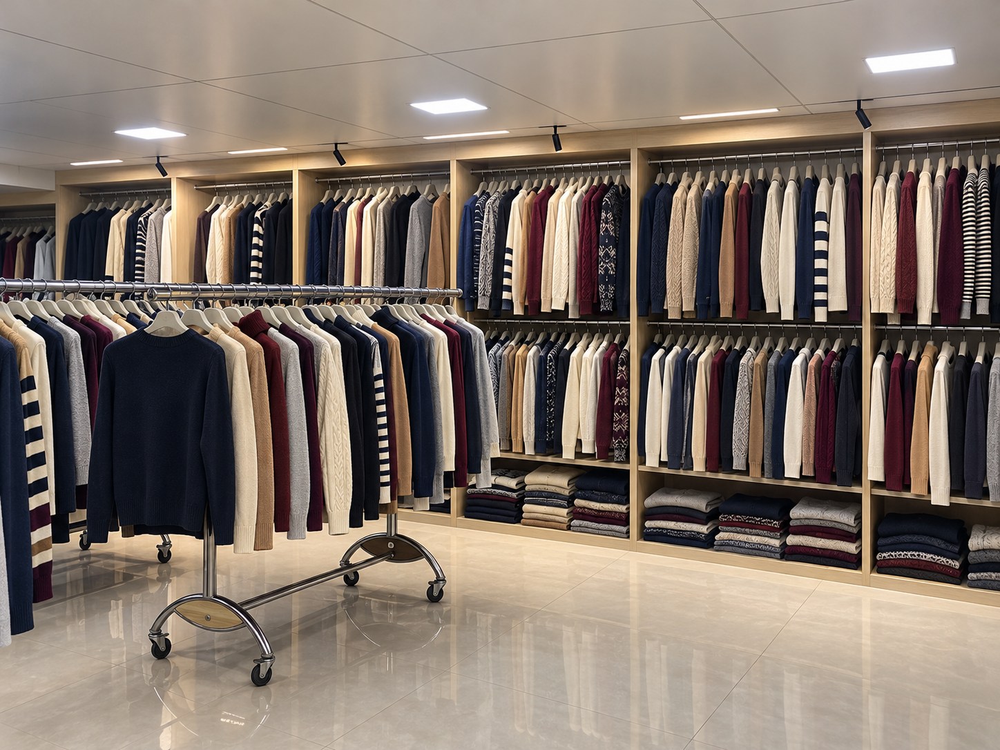 Knitwear samples arranged on garment rails
