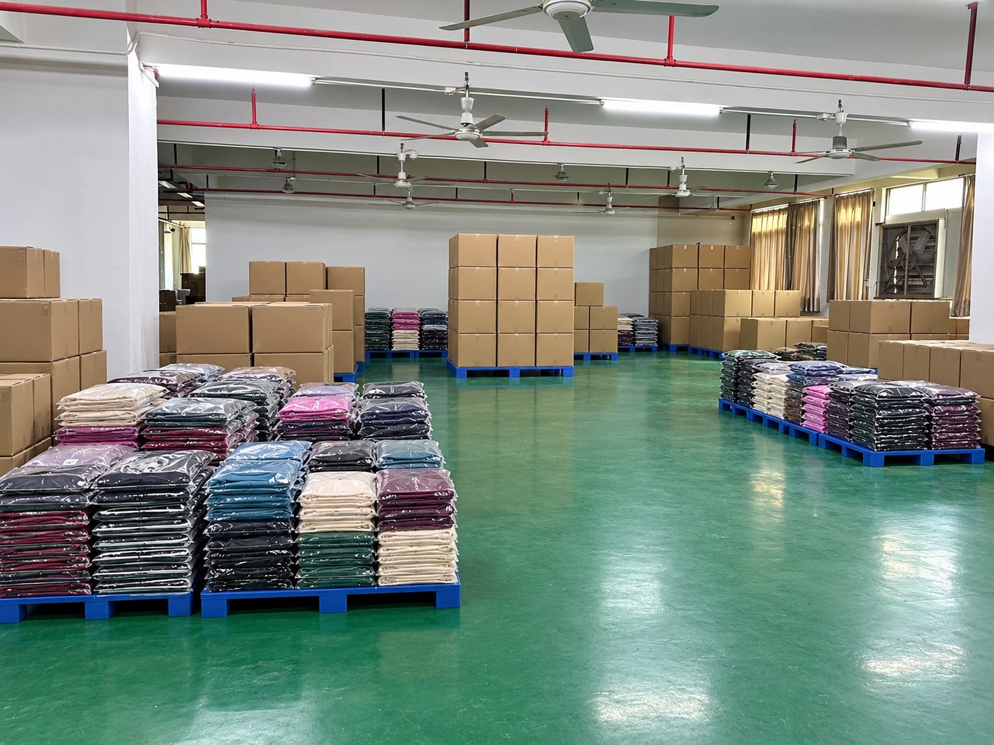 Packed garments and cartons organised for dispatch