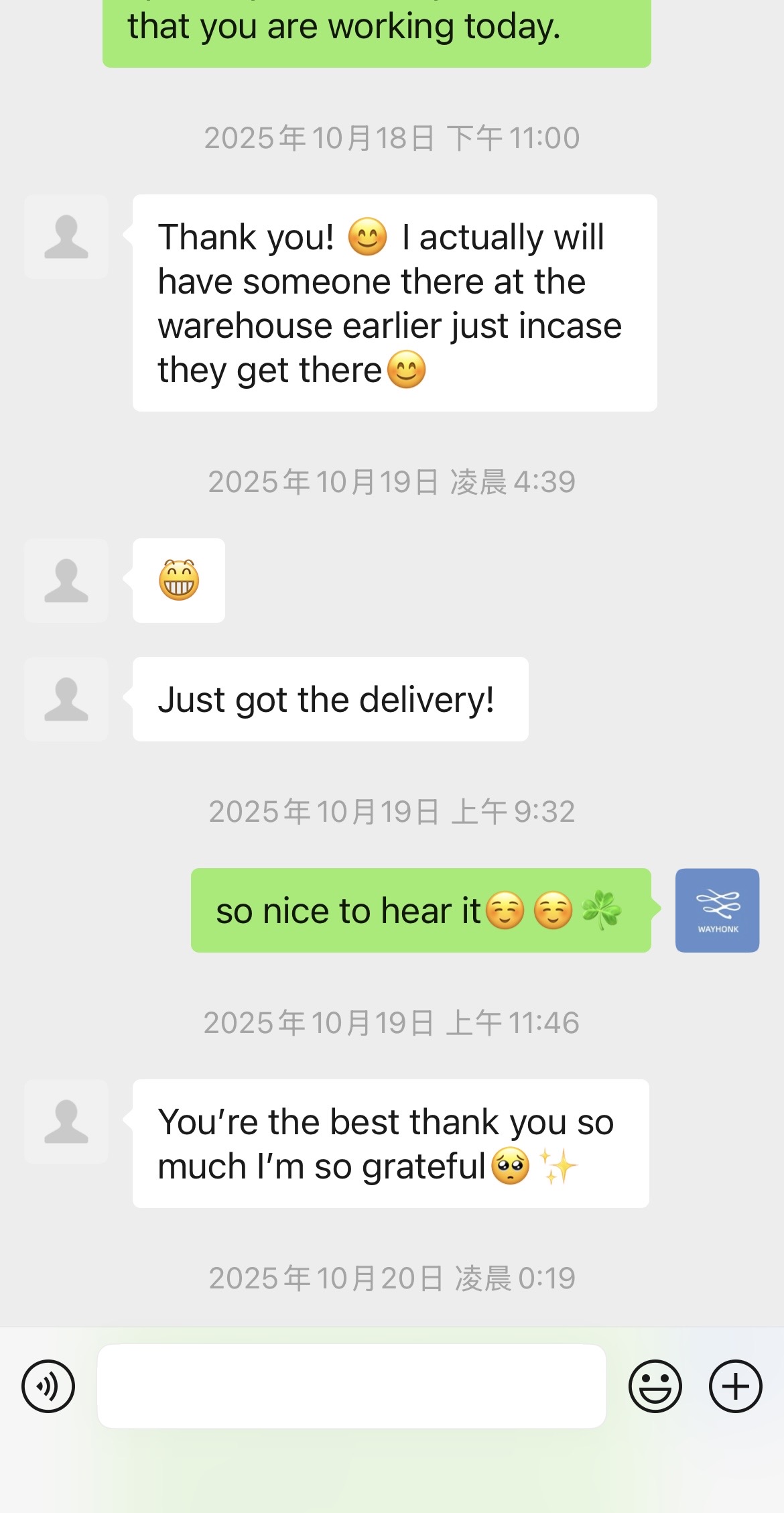 Original client message about delivery support
