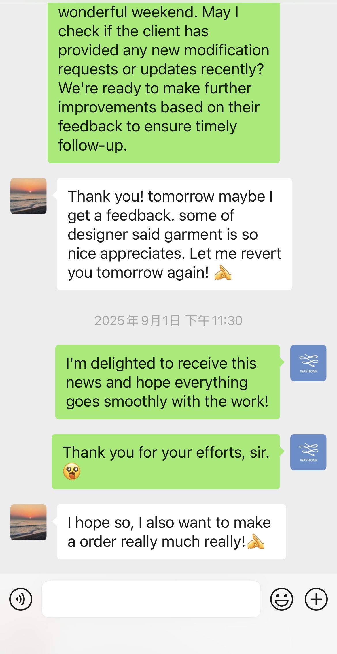 Original client message about garment review