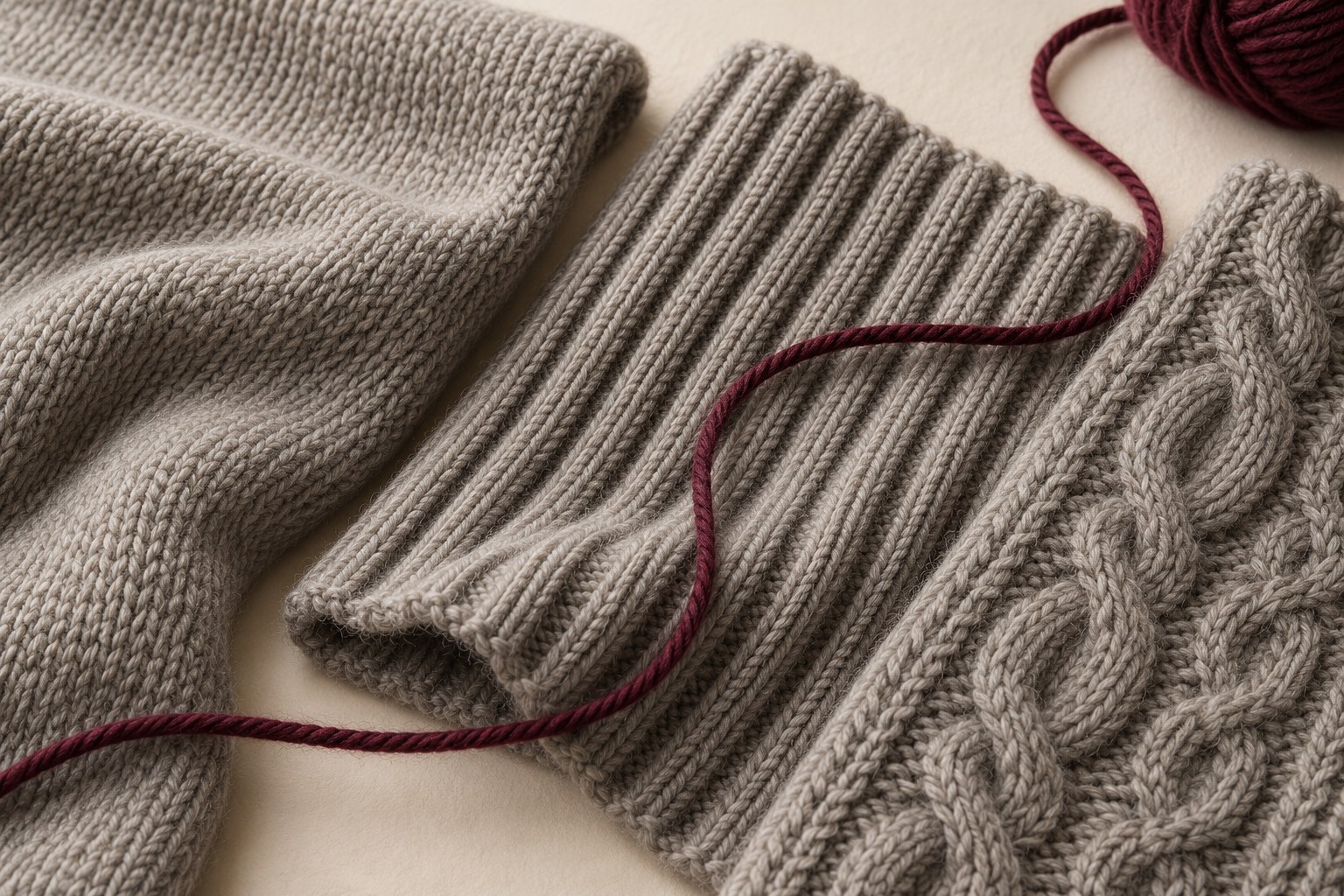 Plain, rib and cable knit texture samples