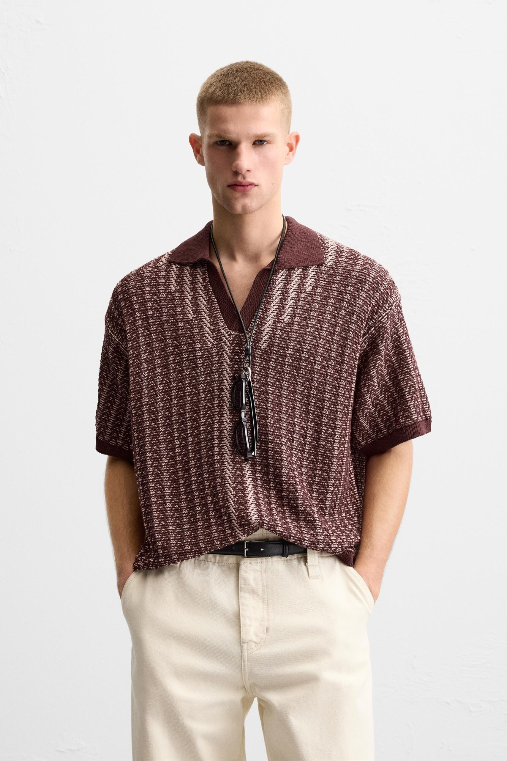 Burgundy short-sleeve menswear knit shirt reference