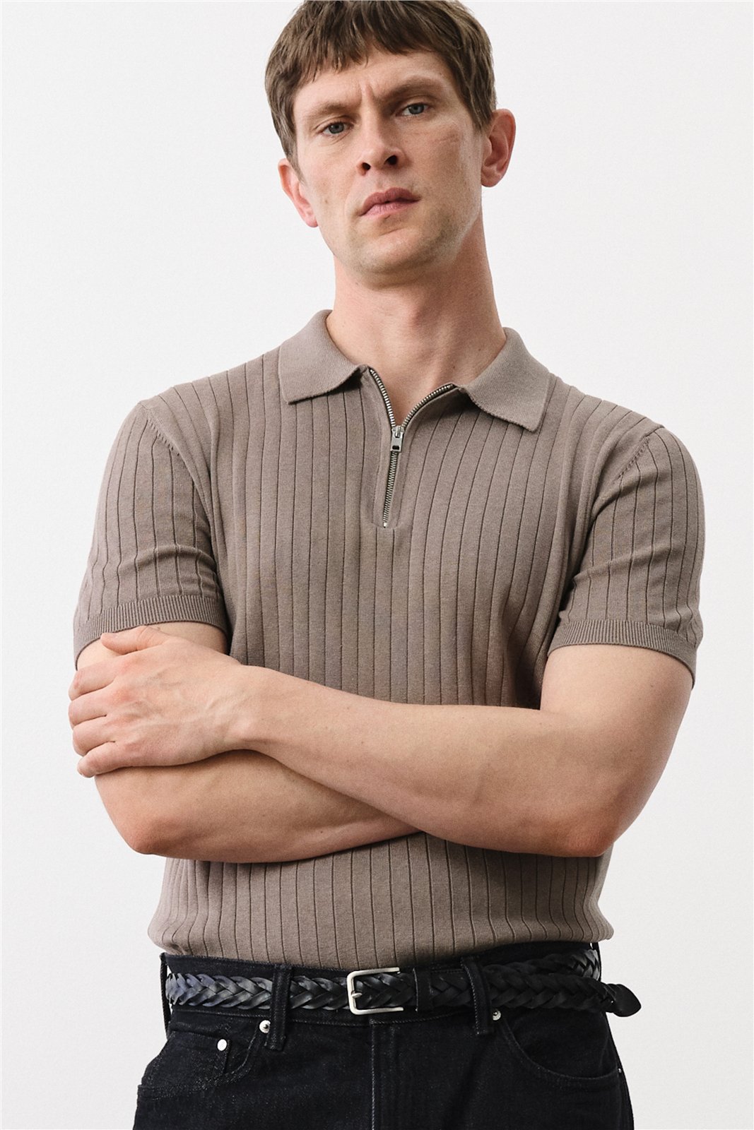 Ribbed Zip-Neck Polo — knitwear style reference