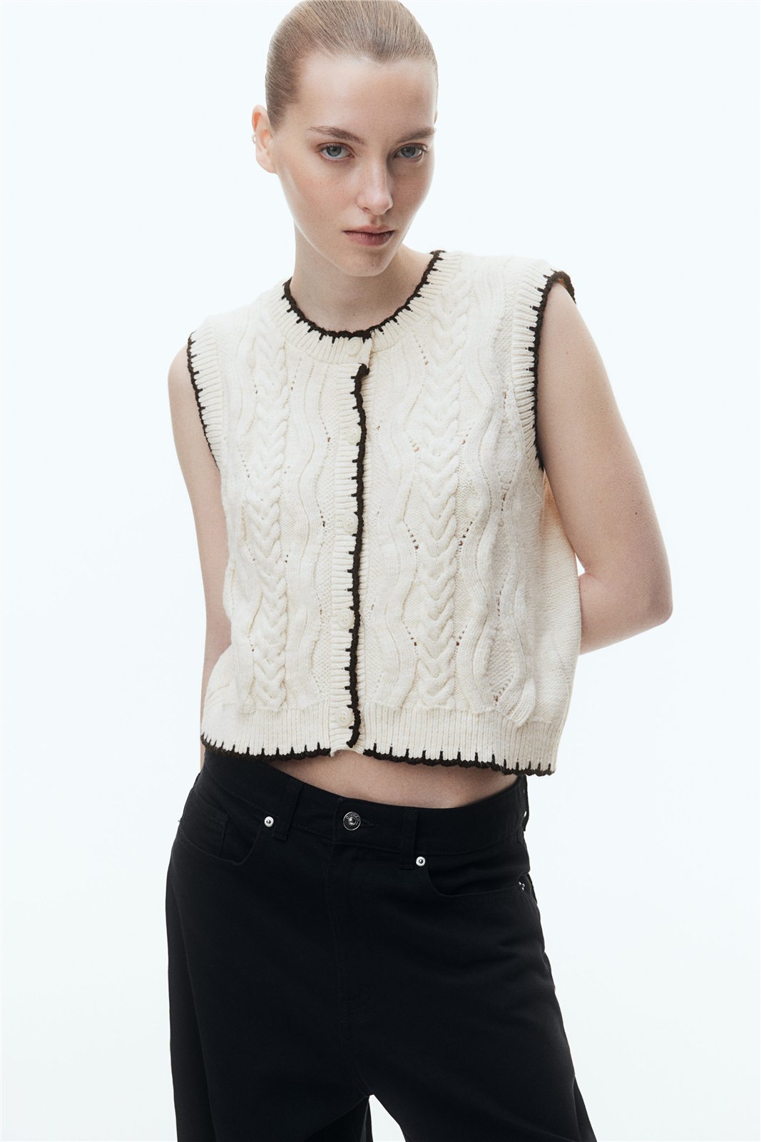 Contrast-Trim Cable Vest — knitwear style reference