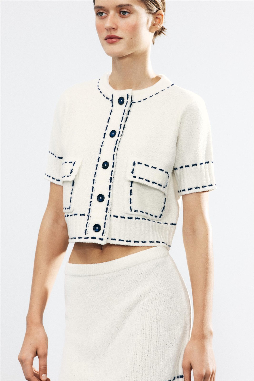 Contrast-Trim Short-Sleeve Cardigan — knitwear style reference