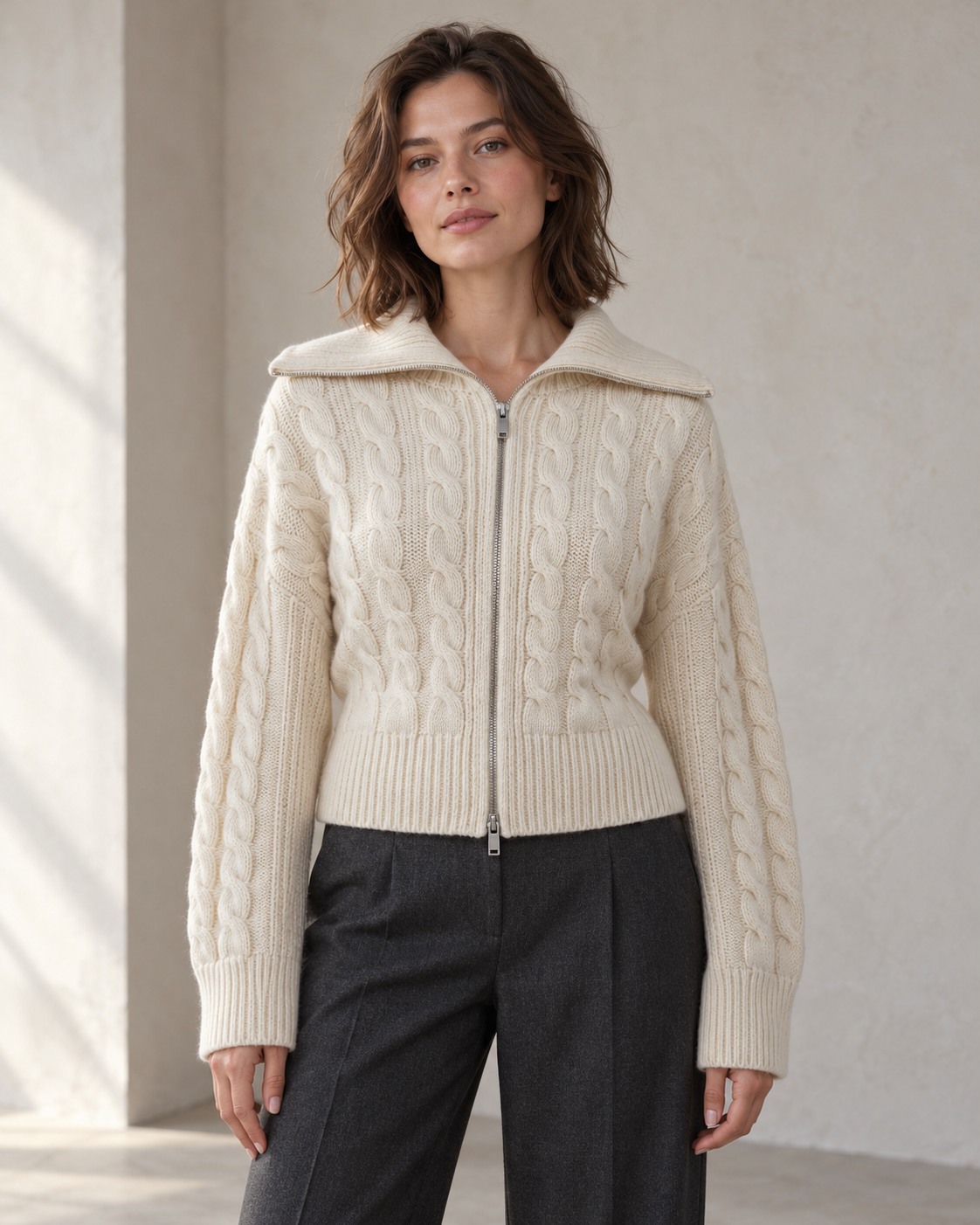 A model presentation of an ivory cable zip cardigan.