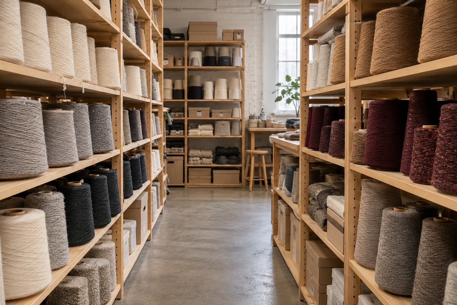 Editorial concept of an organised yarn library, not a photograph of actual stock.